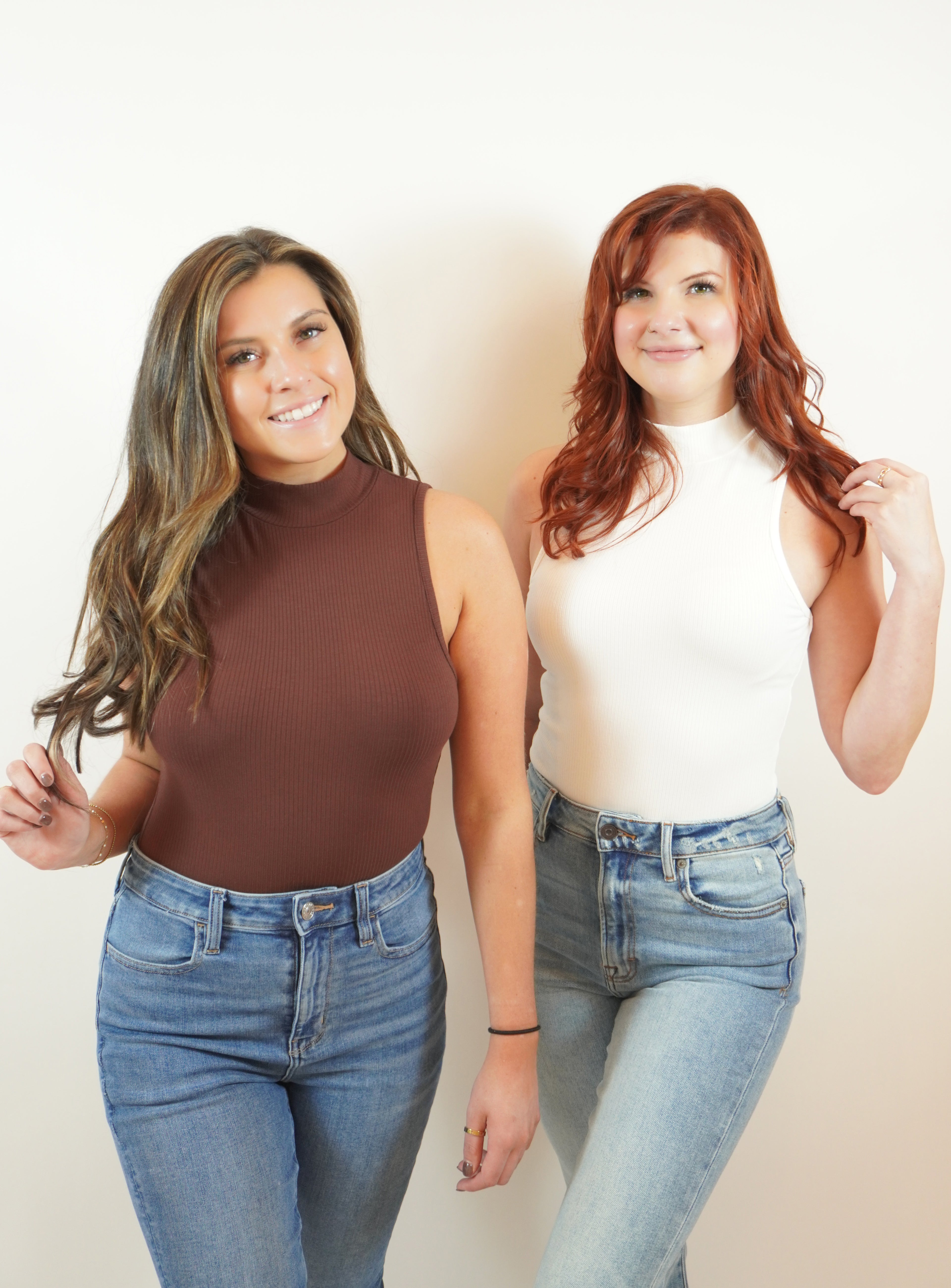 Mock Neck Tank Bodysuit In White Or Brown