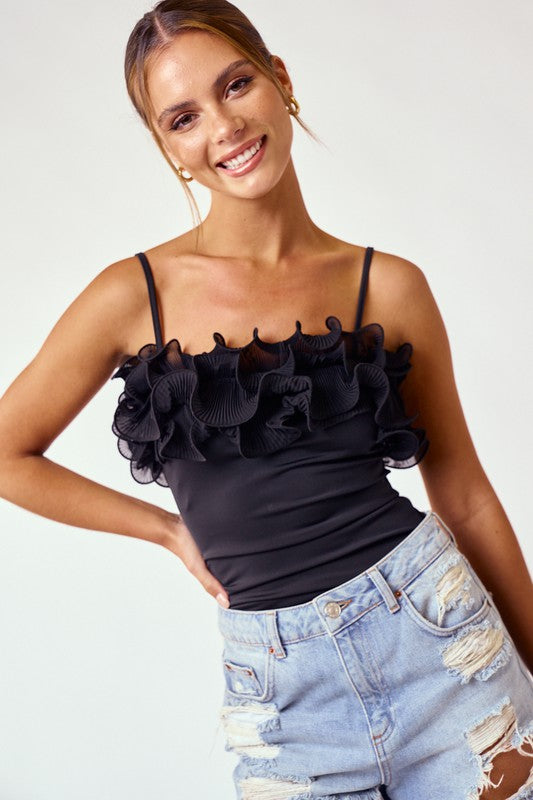 Nigh Bloom Ruffle Bodysuit Black